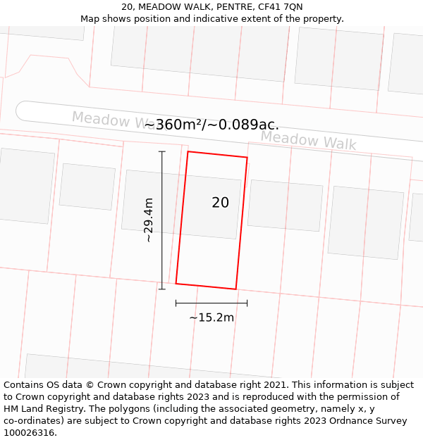 20, MEADOW WALK, PENTRE, CF41 7QN: Plot and title map