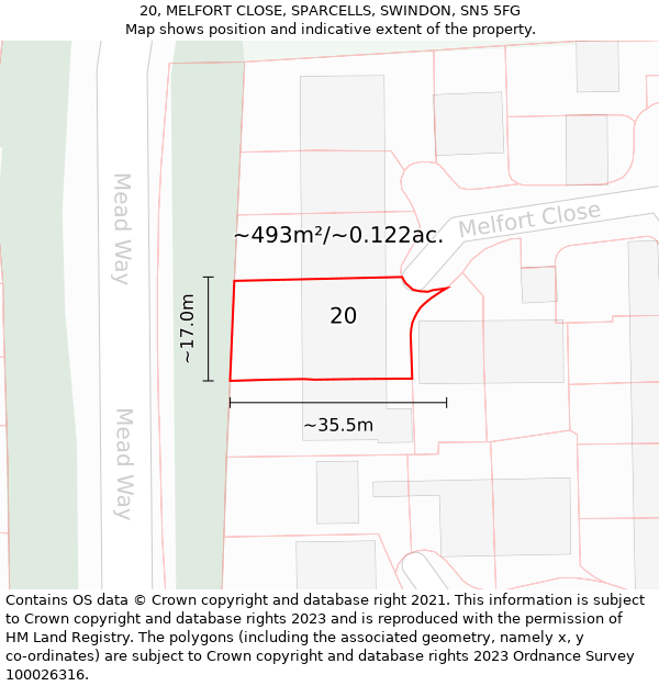 20, MELFORT CLOSE, SPARCELLS, SWINDON, SN5 5FG: Plot and title map