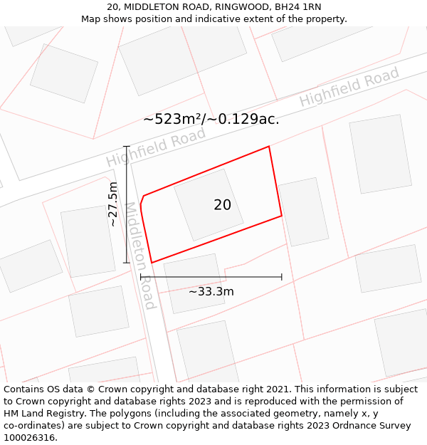 20, MIDDLETON ROAD, RINGWOOD, BH24 1RN: Plot and title map