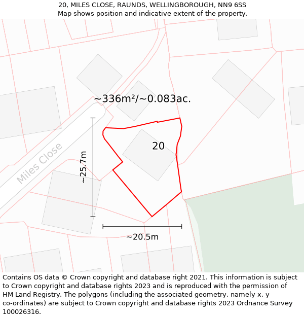 20, MILES CLOSE, RAUNDS, WELLINGBOROUGH, NN9 6SS: Plot and title map