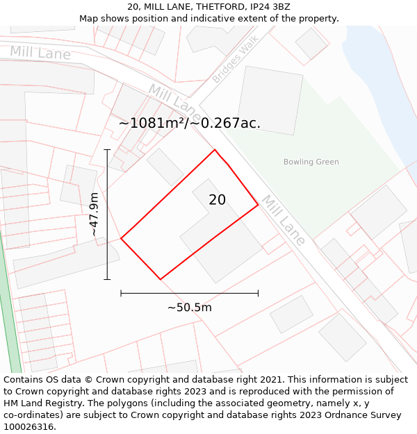 20, MILL LANE, THETFORD, IP24 3BZ: Plot and title map