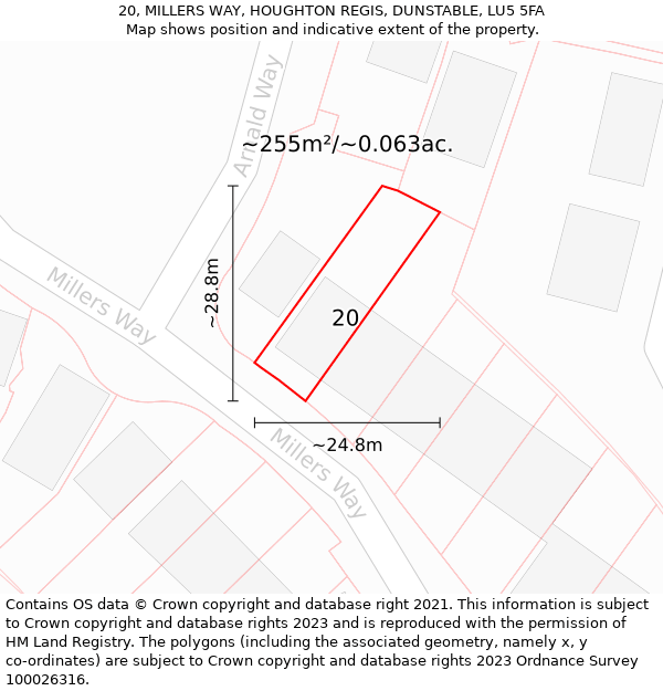 20, MILLERS WAY, HOUGHTON REGIS, DUNSTABLE, LU5 5FA: Plot and title map