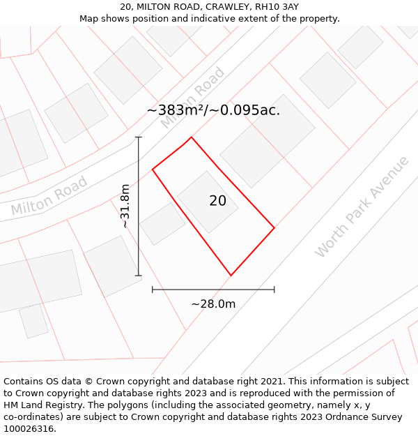 20, MILTON ROAD, CRAWLEY, RH10 3AY: Plot and title map