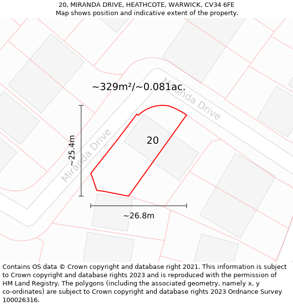 20, MIRANDA DRIVE, HEATHCOTE, WARWICK, CV34 6FE: Plot and title map