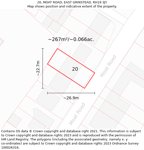 20, MOAT ROAD, EAST GRINSTEAD, RH19 3JY: Plot and title map