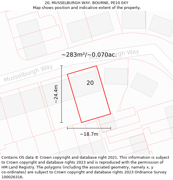 20, MUSSELBURGH WAY, BOURNE, PE10 0XY: Plot and title map