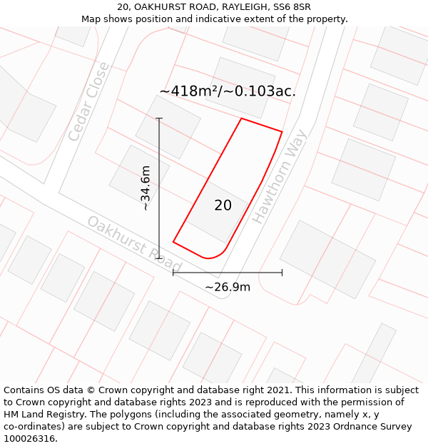 20, OAKHURST ROAD, RAYLEIGH, SS6 8SR: Plot and title map