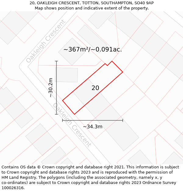 20, OAKLEIGH CRESCENT, TOTTON, SOUTHAMPTON, SO40 9AP: Plot and title map