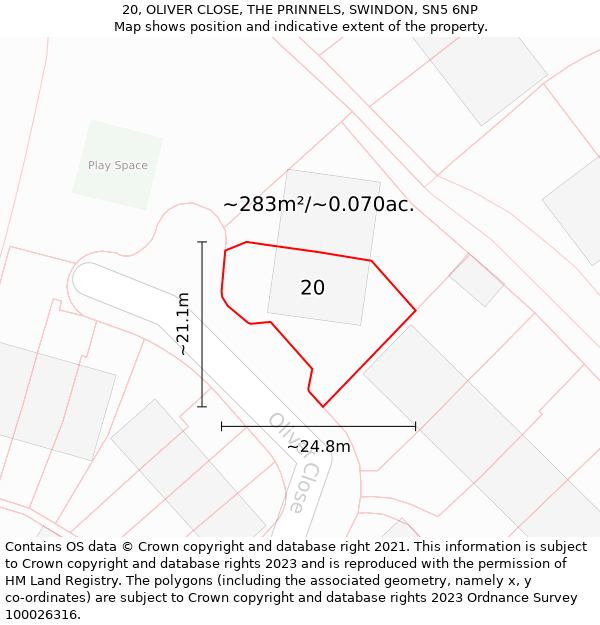 20, OLIVER CLOSE, THE PRINNELS, SWINDON, SN5 6NP: Plot and title map