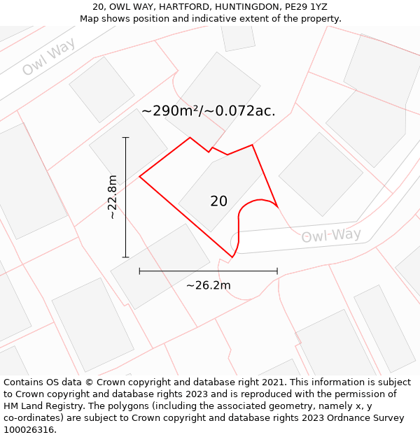 20, OWL WAY, HARTFORD, HUNTINGDON, PE29 1YZ: Plot and title map