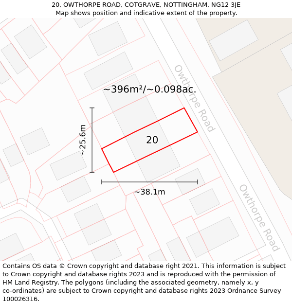 20, OWTHORPE ROAD, COTGRAVE, NOTTINGHAM, NG12 3JE: Plot and title map