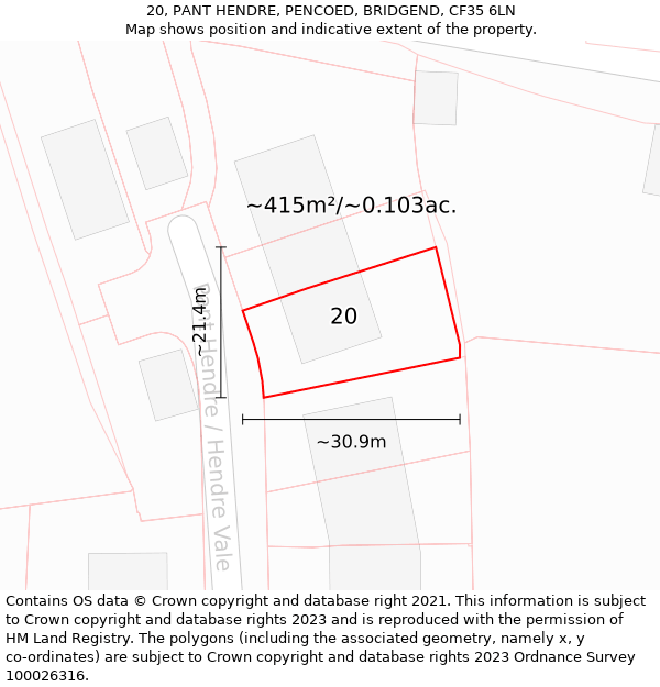 20, PANT HENDRE, PENCOED, BRIDGEND, CF35 6LN: Plot and title map