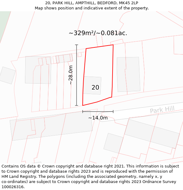 20, PARK HILL, AMPTHILL, BEDFORD, MK45 2LP: Plot and title map