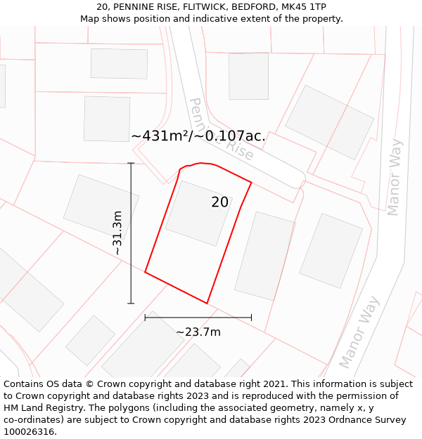 20, PENNINE RISE, FLITWICK, BEDFORD, MK45 1TP: Plot and title map