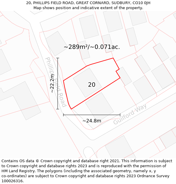 20, PHILLIPS FIELD ROAD, GREAT CORNARD, SUDBURY, CO10 0JH: Plot and title map