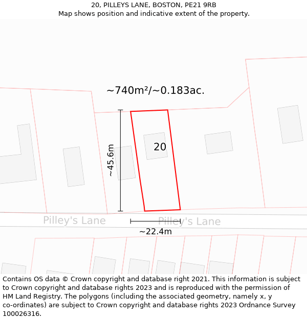 20, PILLEYS LANE, BOSTON, PE21 9RB: Plot and title map