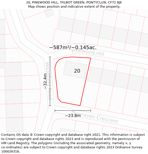 20, PINEWOOD HILL, TALBOT GREEN, PONTYCLUN, CF72 8JE: Plot and title map