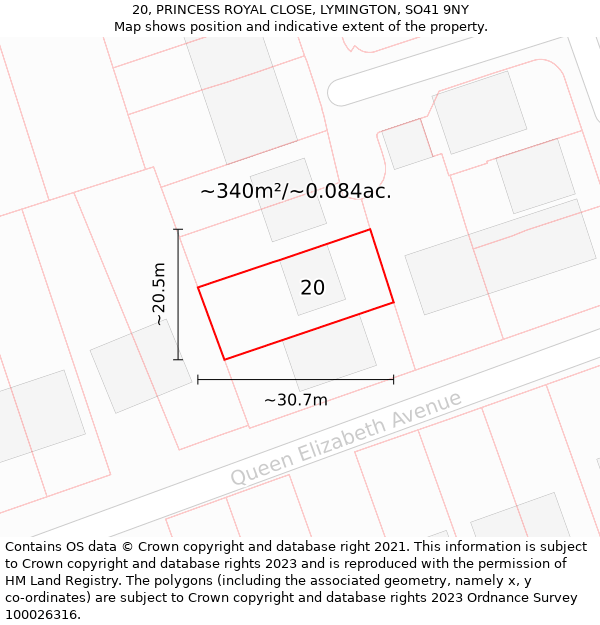 20, PRINCESS ROYAL CLOSE, LYMINGTON, SO41 9NY: Plot and title map