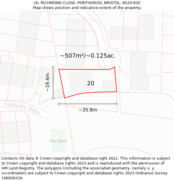 20, RICHMOND CLOSE, PORTISHEAD, BRISTOL, BS20 6SZ: Plot and title map