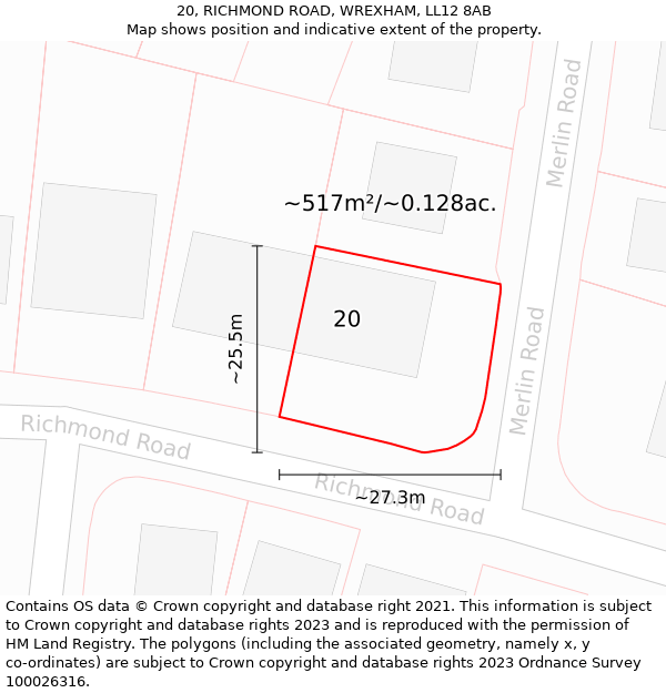 20, RICHMOND ROAD, WREXHAM, LL12 8AB: Plot and title map