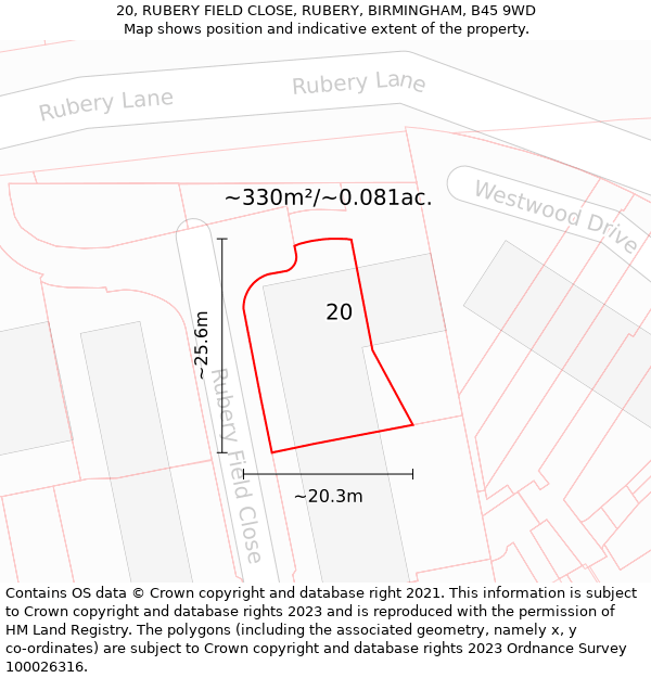 20, RUBERY FIELD CLOSE, RUBERY, BIRMINGHAM, B45 9WD: Plot and title map