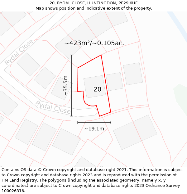 20, RYDAL CLOSE, HUNTINGDON, PE29 6UF: Plot and title map