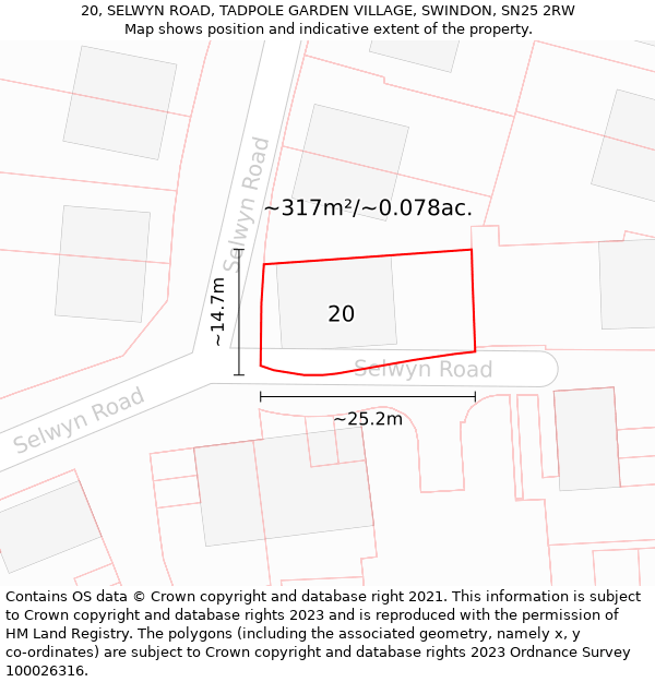 20, SELWYN ROAD, TADPOLE GARDEN VILLAGE, SWINDON, SN25 2RW: Plot and title map