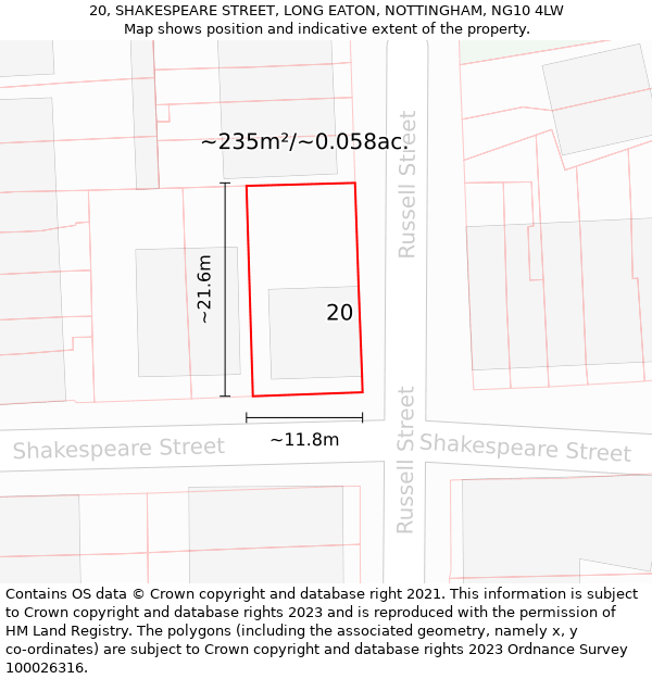 20, SHAKESPEARE STREET, LONG EATON, NOTTINGHAM, NG10 4LW: Plot and title map