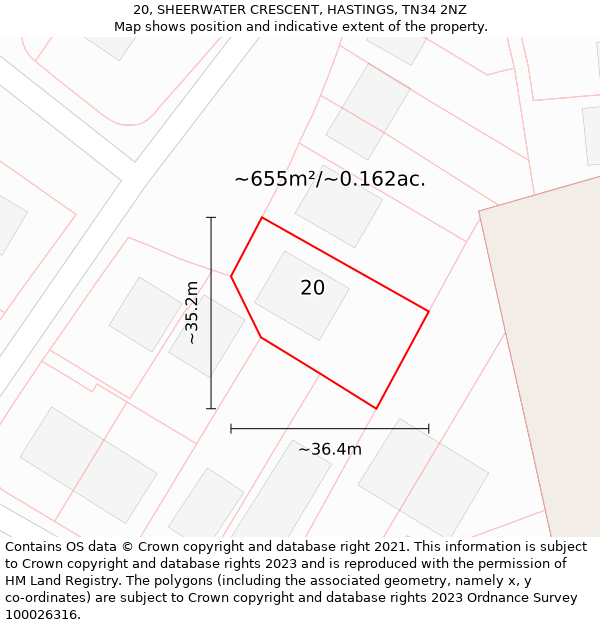 20, SHEERWATER CRESCENT, HASTINGS, TN34 2NZ: Plot and title map