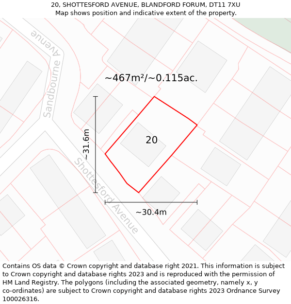 20, SHOTTESFORD AVENUE, BLANDFORD FORUM, DT11 7XU: Plot and title map