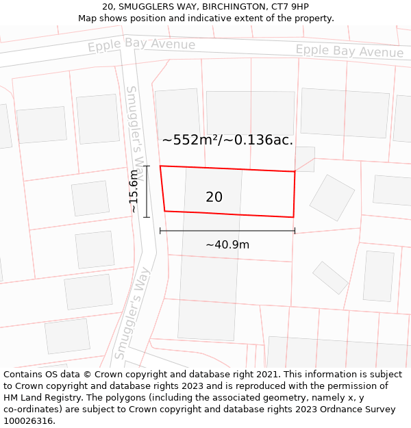 20, SMUGGLERS WAY, BIRCHINGTON, CT7 9HP: Plot and title map