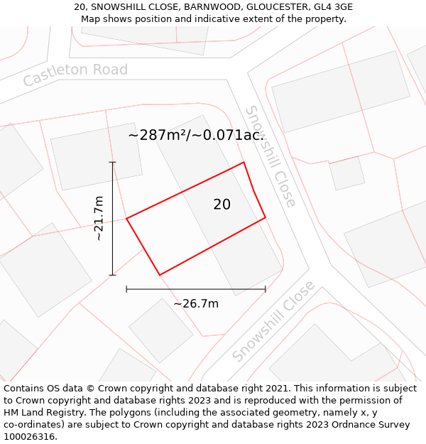 20, SNOWSHILL CLOSE, BARNWOOD, GLOUCESTER, GL4 3GE: Plot and title map