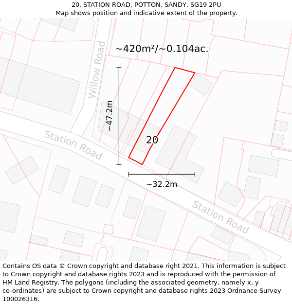 20, STATION ROAD, POTTON, SANDY, SG19 2PU: Plot and title map