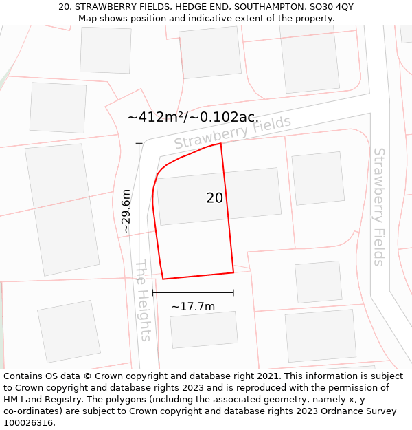 20, STRAWBERRY FIELDS, HEDGE END, SOUTHAMPTON, SO30 4QY: Plot and title map