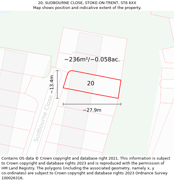 20, SUDBOURNE CLOSE, STOKE-ON-TRENT, ST6 6XX: Plot and title map