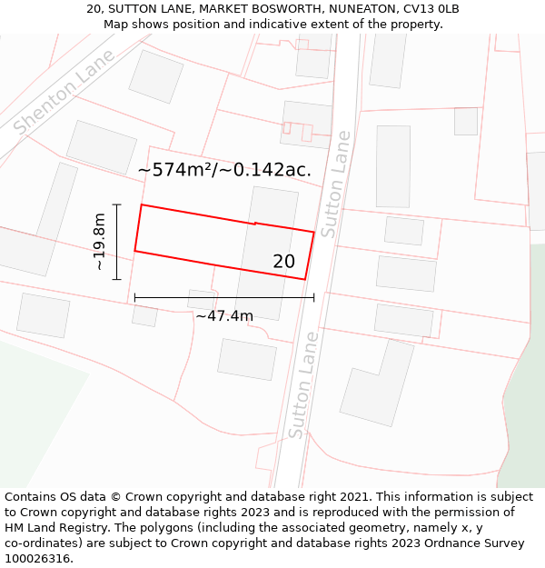 20, SUTTON LANE, MARKET BOSWORTH, NUNEATON, CV13 0LB: Plot and title map