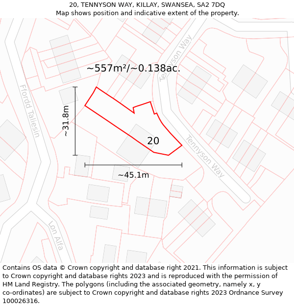 20, TENNYSON WAY, KILLAY, SWANSEA, SA2 7DQ: Plot and title map