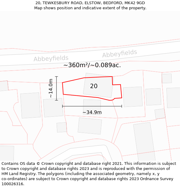 20, TEWKESBURY ROAD, ELSTOW, BEDFORD, MK42 9GD: Plot and title map