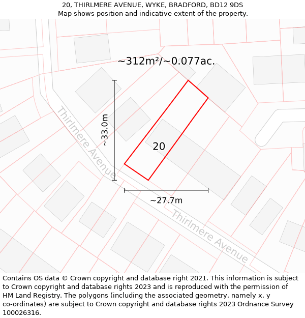 20, THIRLMERE AVENUE, WYKE, BRADFORD, BD12 9DS: Plot and title map