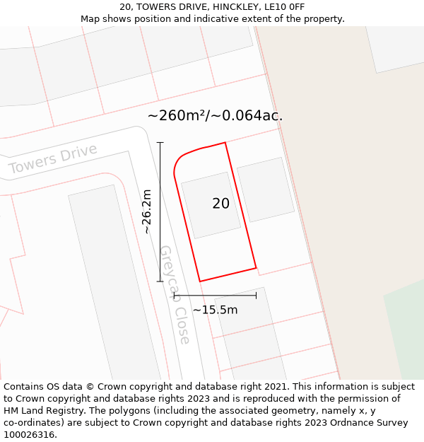 20, TOWERS DRIVE, HINCKLEY, LE10 0FF: Plot and title map