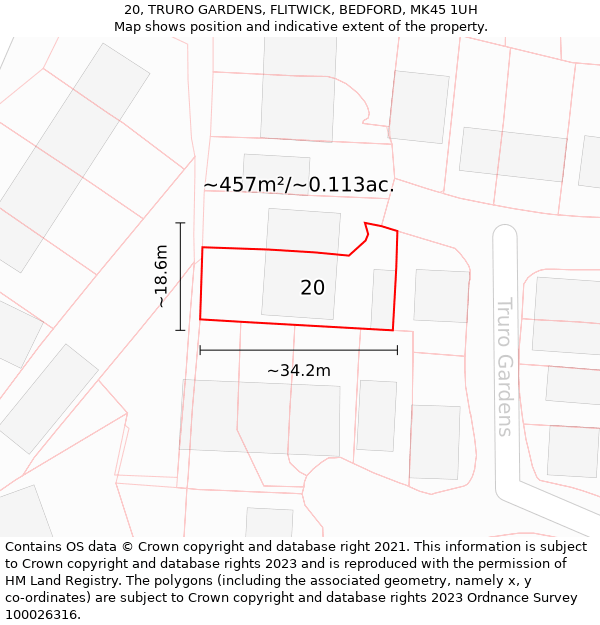 20, TRURO GARDENS, FLITWICK, BEDFORD, MK45 1UH: Plot and title map