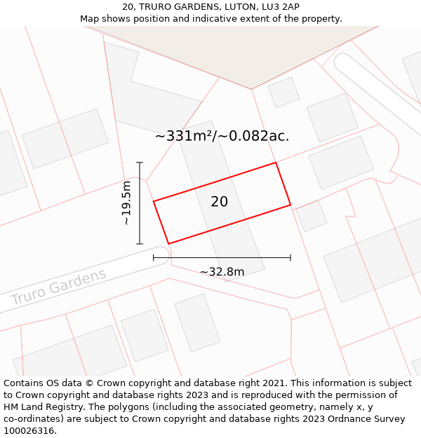 20, TRURO GARDENS, LUTON, LU3 2AP: Plot and title map