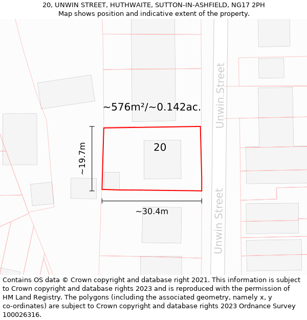 20, UNWIN STREET, HUTHWAITE, SUTTON-IN-ASHFIELD, NG17 2PH: Plot and title map