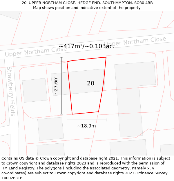 20, UPPER NORTHAM CLOSE, HEDGE END, SOUTHAMPTON, SO30 4BB: Plot and title map