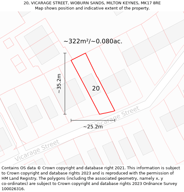 20, VICARAGE STREET, WOBURN SANDS, MILTON KEYNES, MK17 8RE: Plot and title map