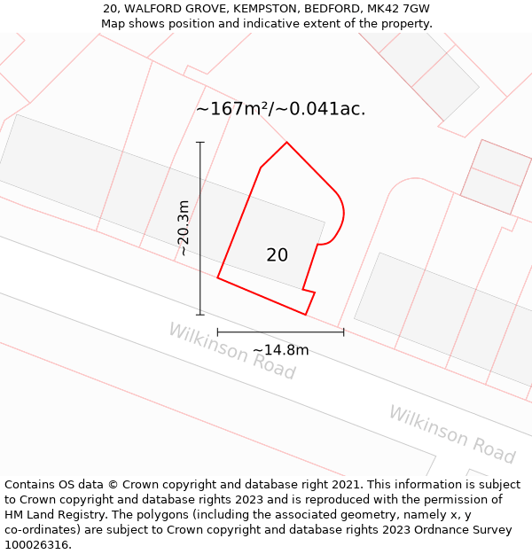 20, WALFORD GROVE, KEMPSTON, BEDFORD, MK42 7GW: Plot and title map