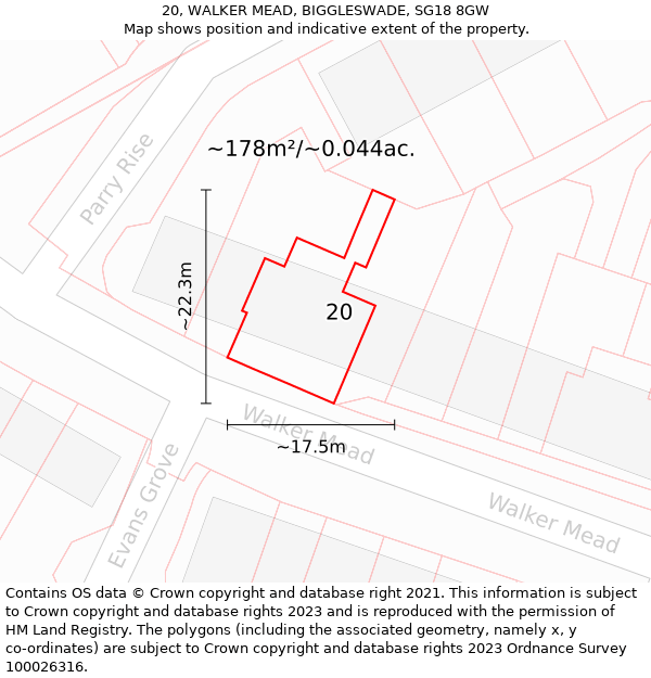 20, WALKER MEAD, BIGGLESWADE, SG18 8GW: Plot and title map