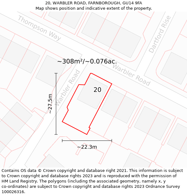 20, WARBLER ROAD, FARNBOROUGH, GU14 9FA: Plot and title map