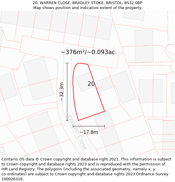 20, WARREN CLOSE, BRADLEY STOKE, BRISTOL, BS32 0BP: Plot and title map