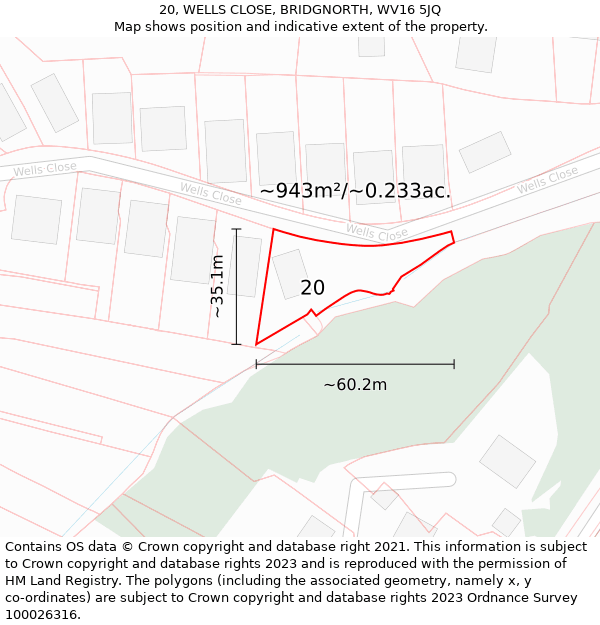 20, WELLS CLOSE, BRIDGNORTH, WV16 5JQ: Plot and title map